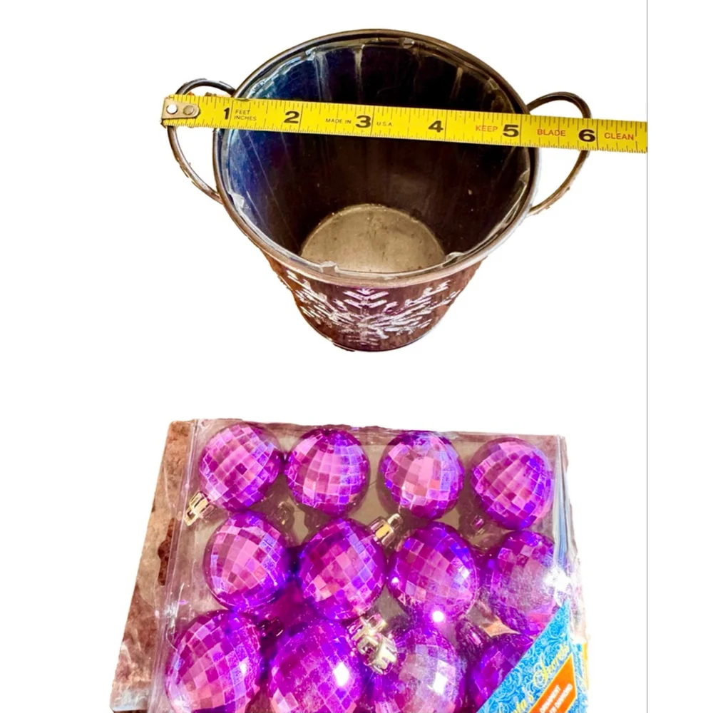 NIB DIAMOND BALL ORNAMENTS IN PURPLE & SNOWFLAKE PLANTER